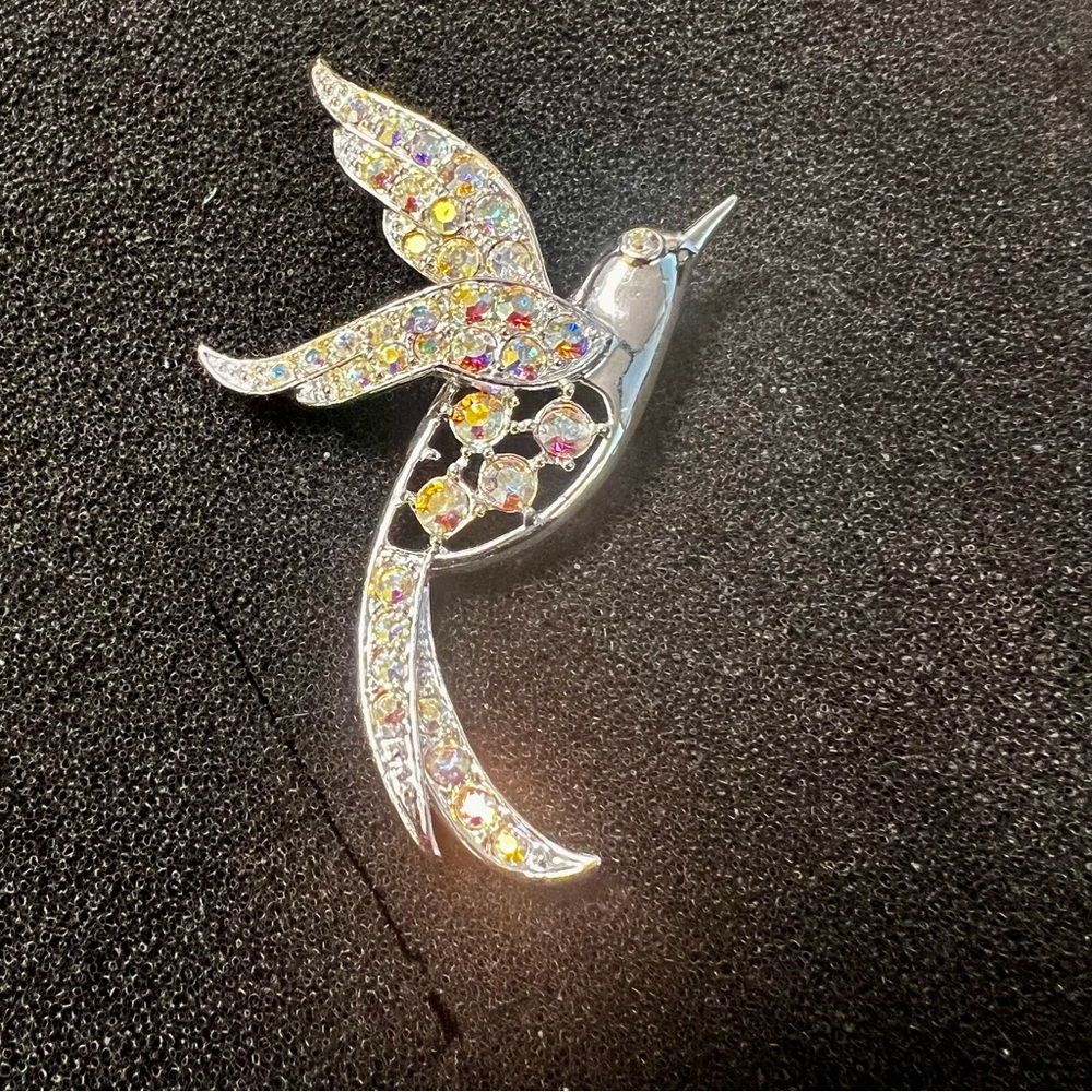 Sarah Coventry AB Rhinestone‎ Bird of Paradise Silver Tone Pin Brooch Signed Vtg